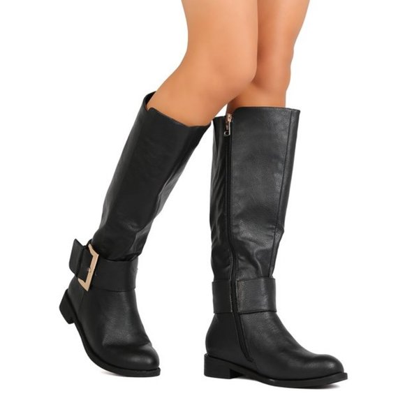 Dbdk Buckled Low Stacked Heel Vegan Leather Black Knee High Boots - Picture 2 of 3